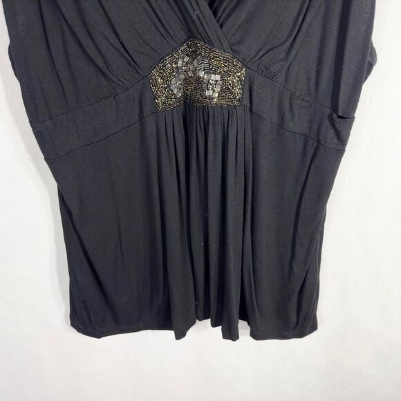 Lane Bryant Plus Size 26 28 Top Black Beaded Short Sleeve V Neck‎ Stretch 1057 - Picture 4 of 9